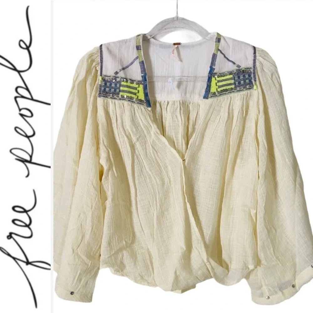 Free People Cream‎ Gauze Embroidered Sequin Boho Blouse Top XS